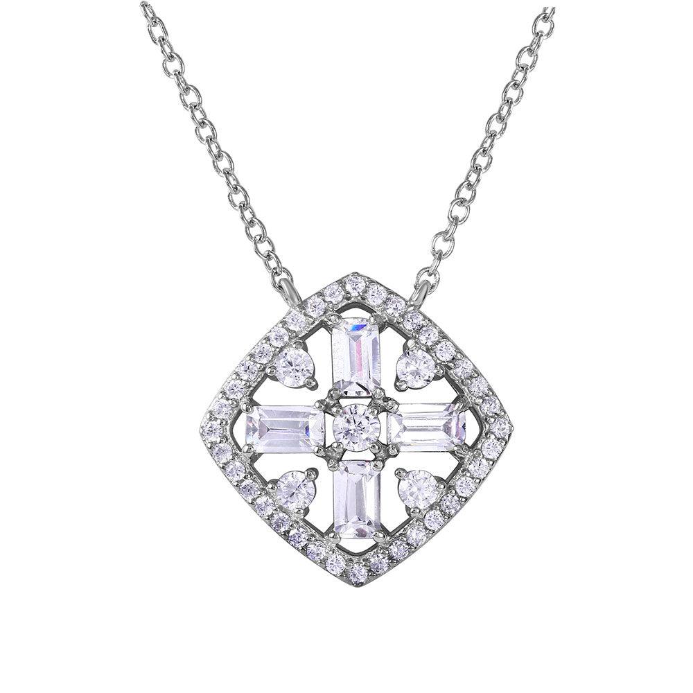 Silver 925 Rhodium Diamond Shape with Cross Center Encrusted with CZ Necklace - BGP01058