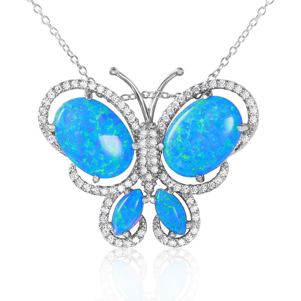 Silver 925 Rhodium Plated Butterfly with CZ and Synthetic Blue Opal Necklace - BGP01067