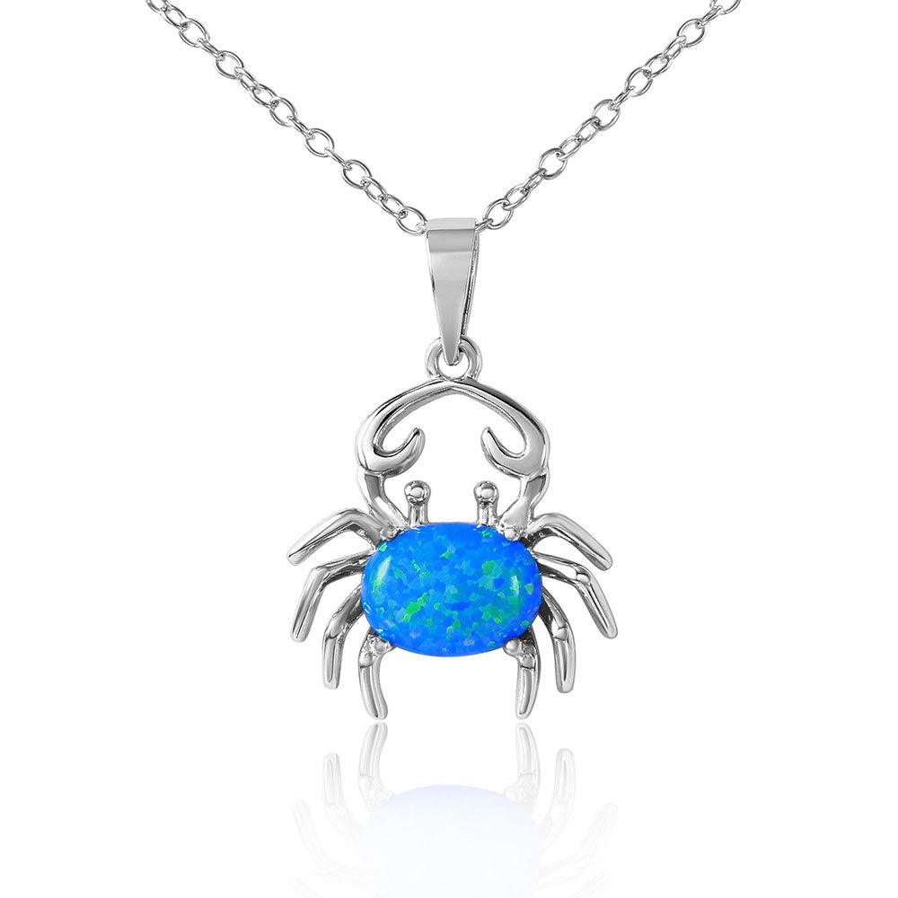 Silver 925 Rhodium Plated Crab with Synthetic Blue Opal Necklace - BGP01069BLU