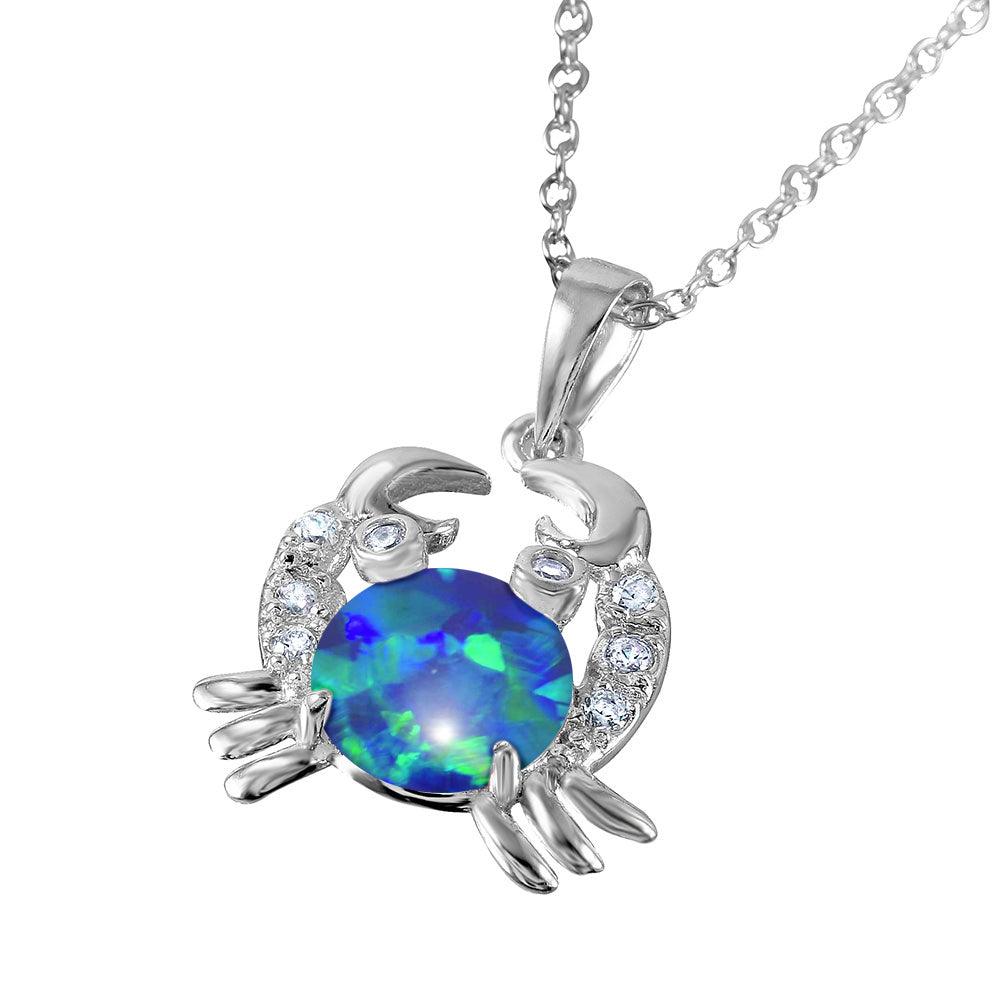 Rhodium Plated 925 Sterling Silver Crab with CZ and Synthetic Opal Center Stone - BGP01070BLU