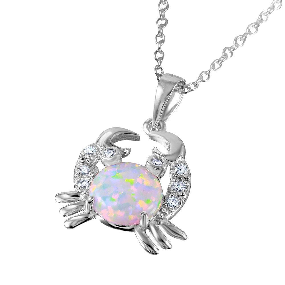 Silver 925 Rhodium Plated Crab with CZ and Synthetic Opal Center Stone - BGP01070WHT