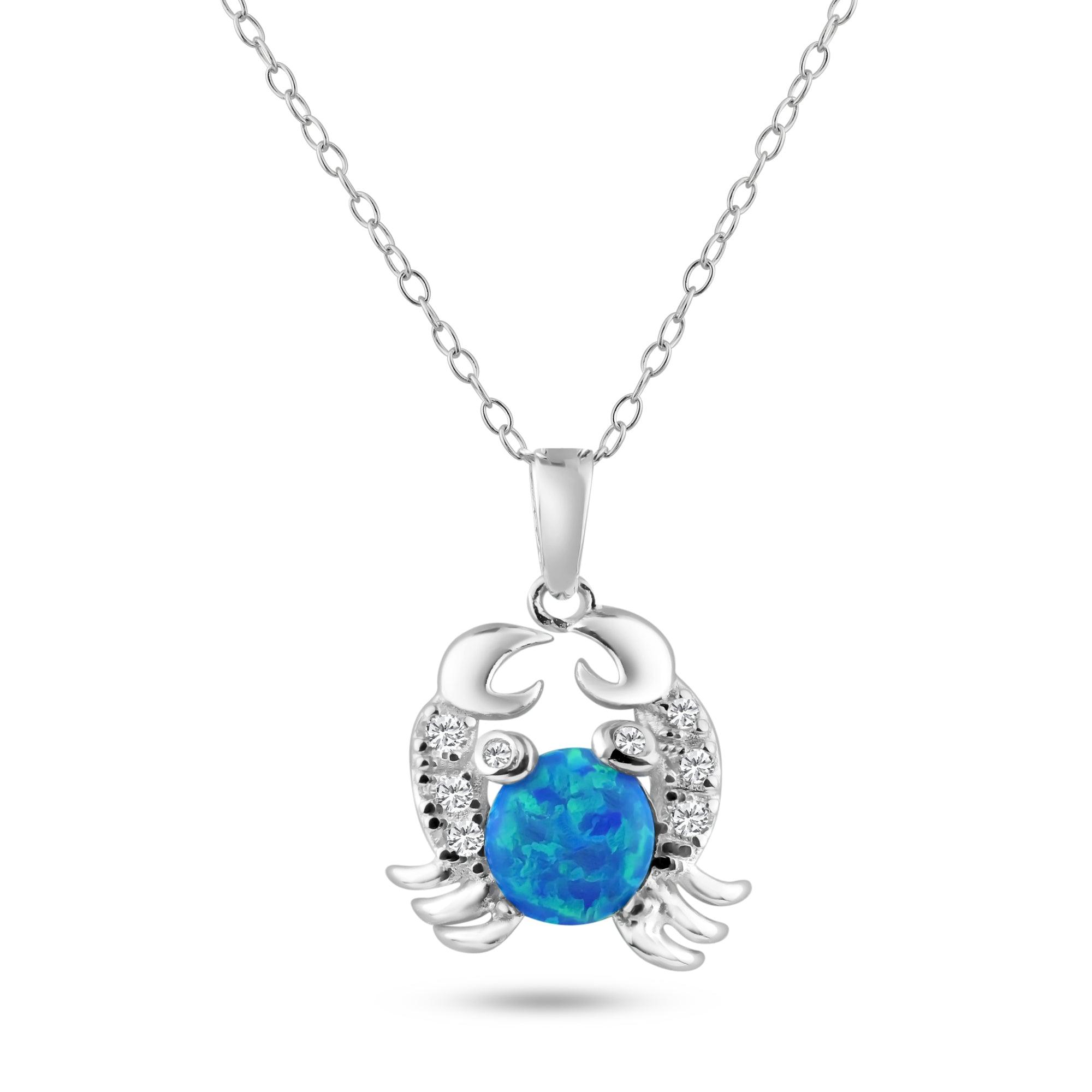 Rhodium Plated 925 Sterling Silver Crab with CZ and Synthetic Opal Center Stone - BGP01070BLU