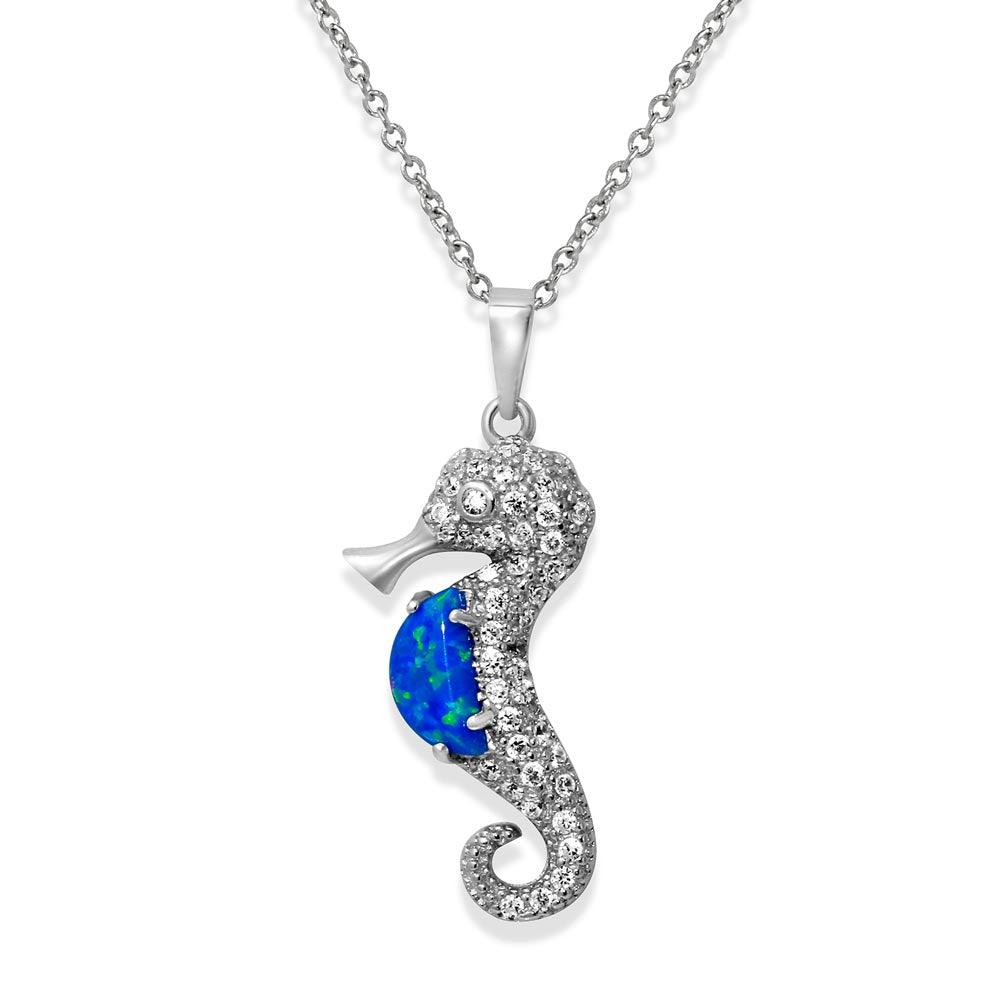 Rhodium Plated 925 Sterling Silver Sea Horse with CZ and Synthetic Blue Opal Necklace - BGP01071BLU