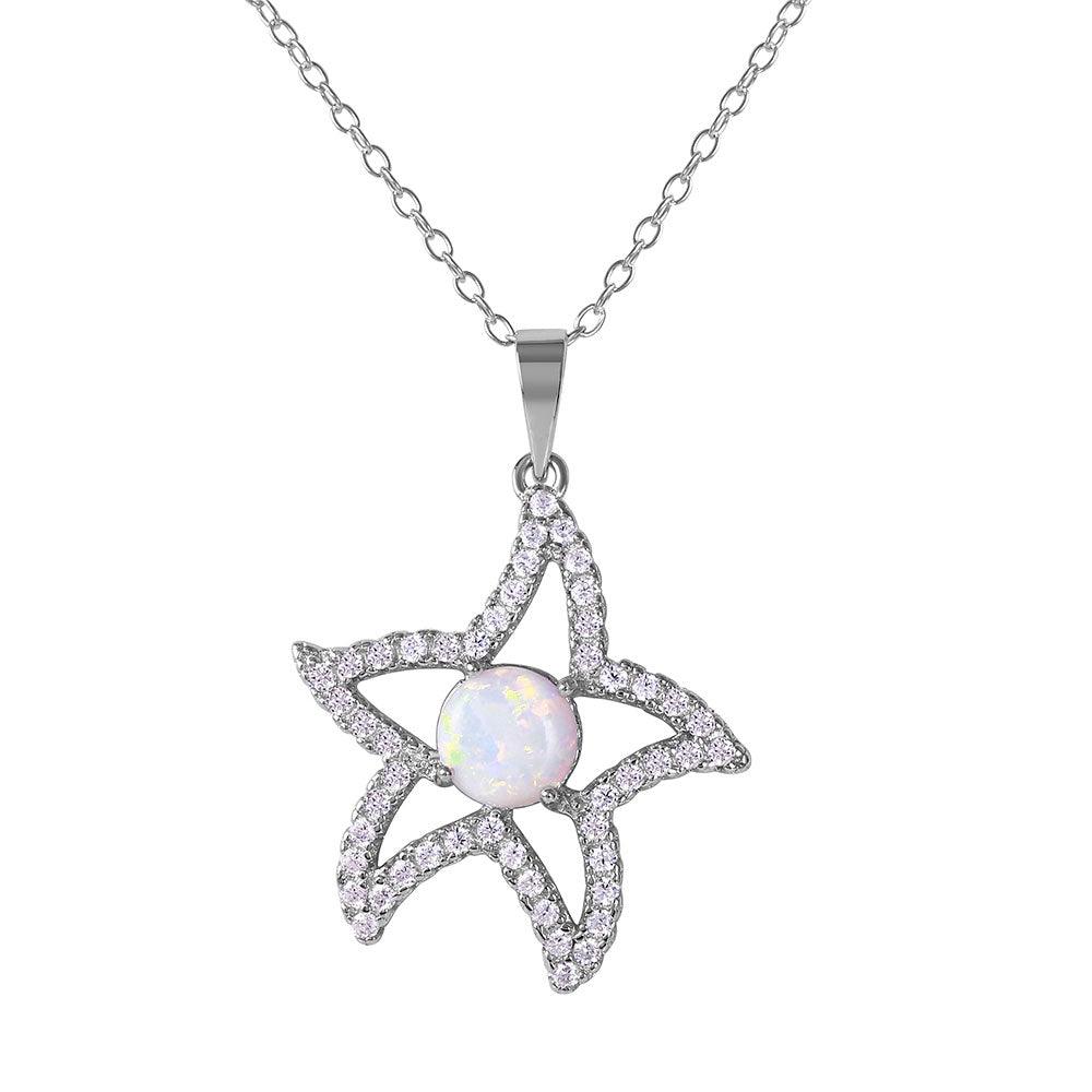 Silver 925 Rhodium Plated CZ Open Starfish with White Center Stone Necklace - BGP01073WHT