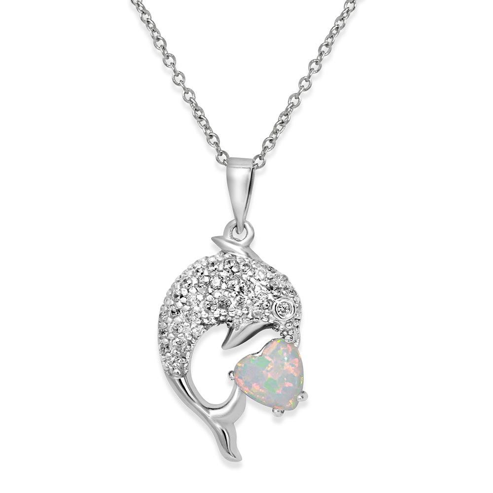 Rhodium Plated 925 Sterling Silver CZ Dolphin Necklace with Synthetic Opal - BGP01074WHT