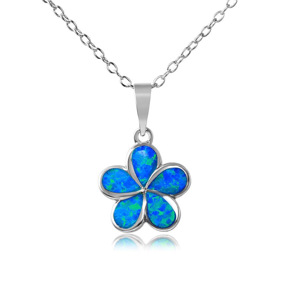 Silver 925 Rhodium Plated Blue Opal Stone Hibiscus Flower Necklace - BGP01075