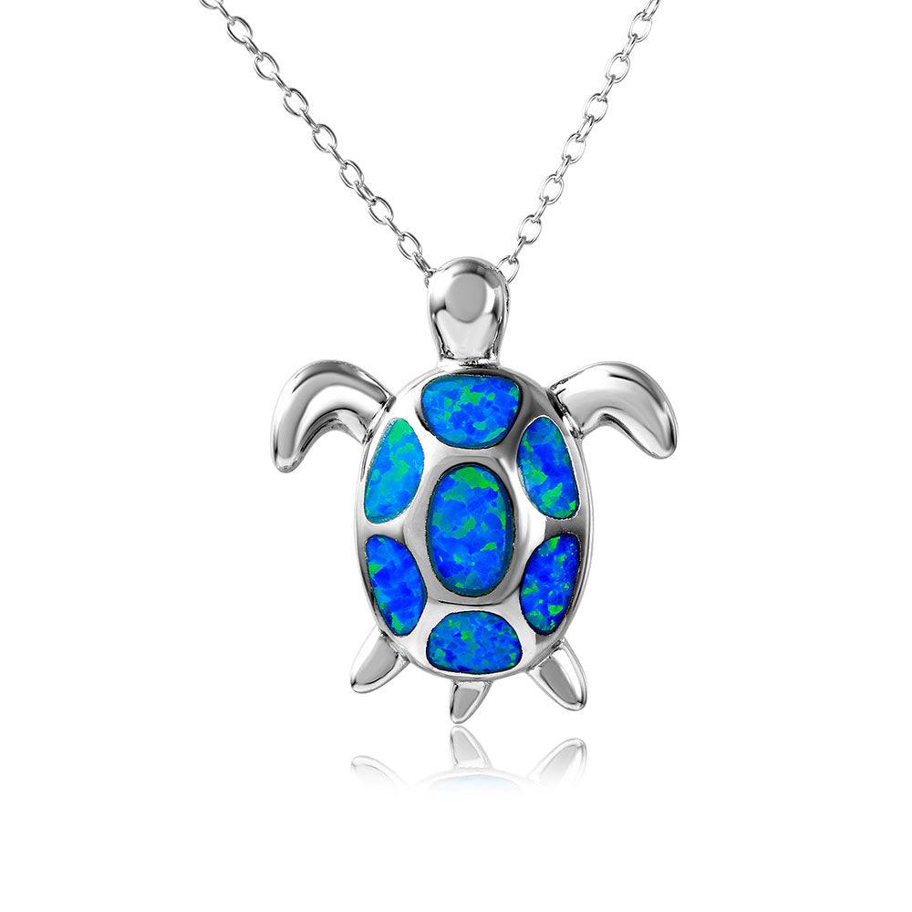 Silver 925 Rhodium Plated Turtle Necklace with Synthetic Blue Opal - BGP01076