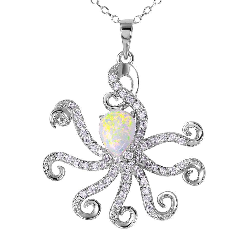 Silver 925 Rhodium Plated Octopus with CZ and Synthetic Opal - BGP01077