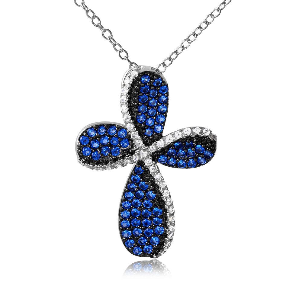 Silver 925 Black Rhodium and Rhodium Plated Cross with Blue and Clear CZ - BGP01080