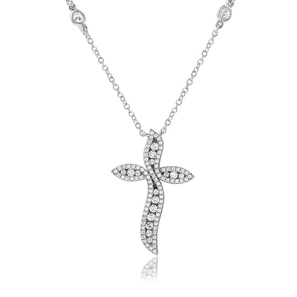 Silver 925 Rhodium Plated CZ Wavy Cross Necklace - BGP01091