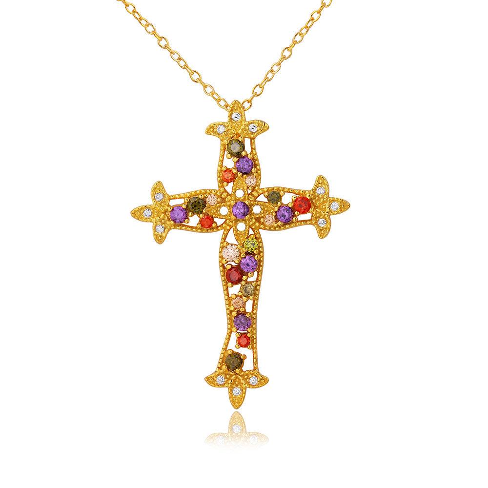 Silver 925 Gold Plated Multi Color CZ Cross Necklace - BGP01097