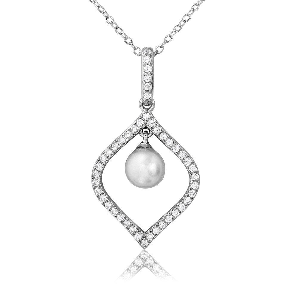 Silver 925 Rhodium Plated CZ Open Drop with Dangling Synthetic Pearl Necklace - BGP01099