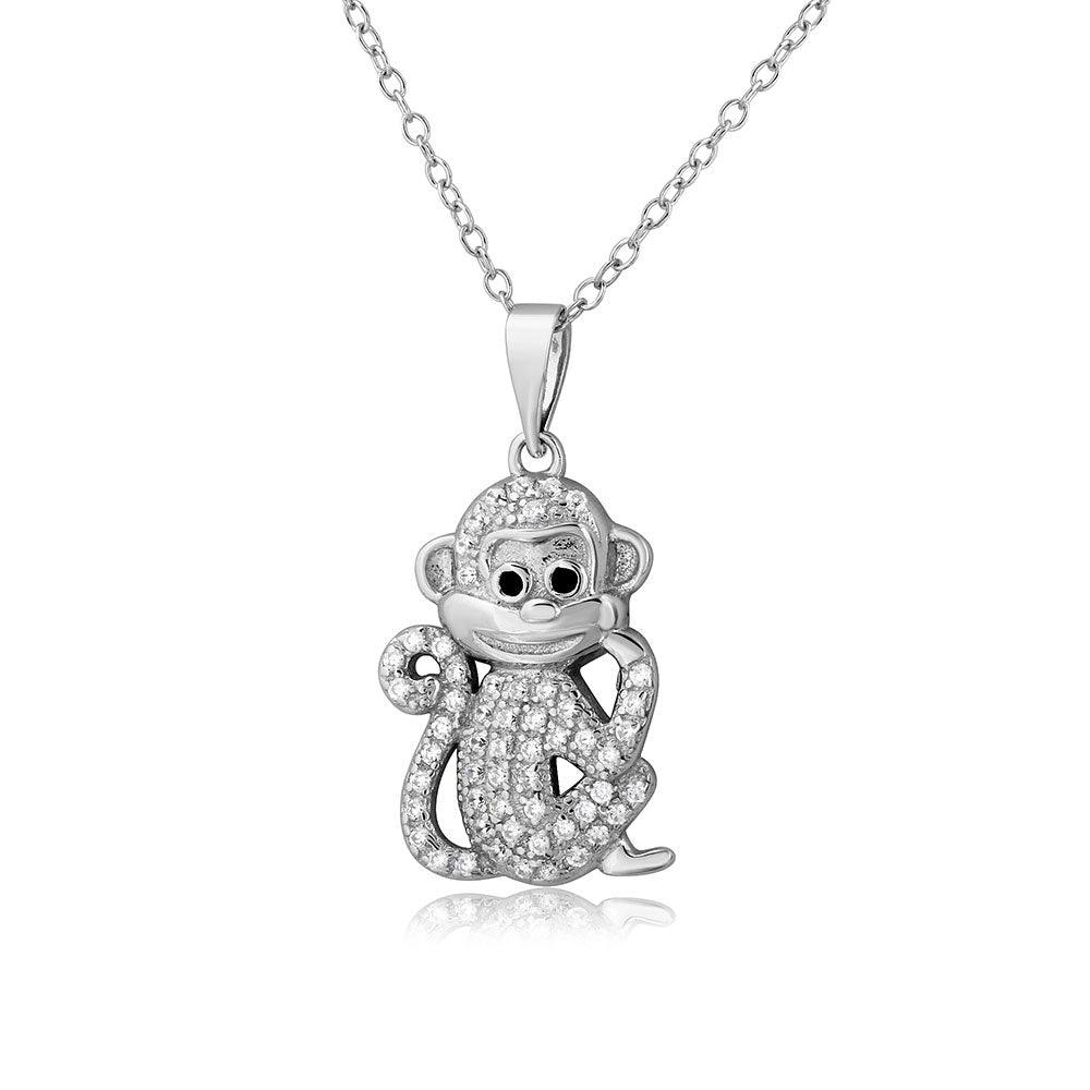 Silver 925 Rhodium Plated CZ Monkey Necklace - BGP01100