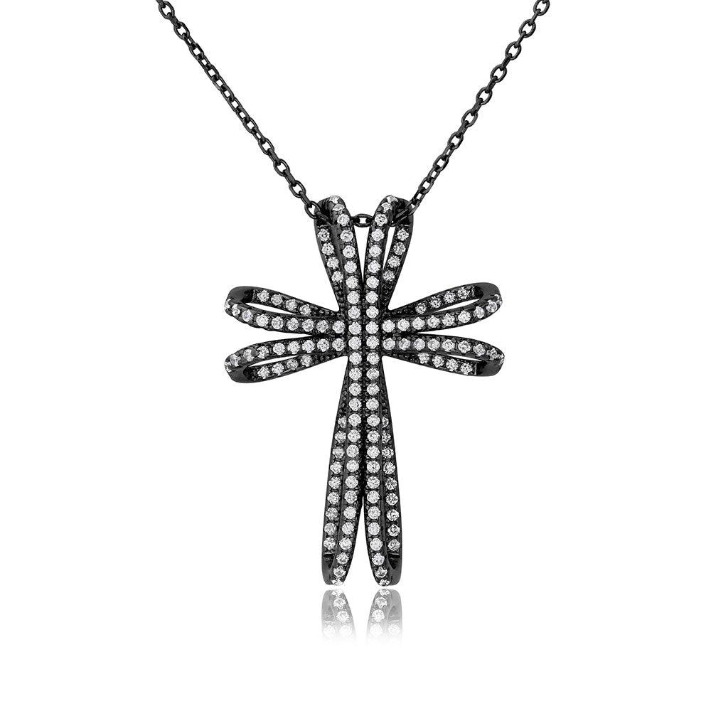 Silver 925 Black Rhodium Plated CZ Double Cross Necklace - BGP01101