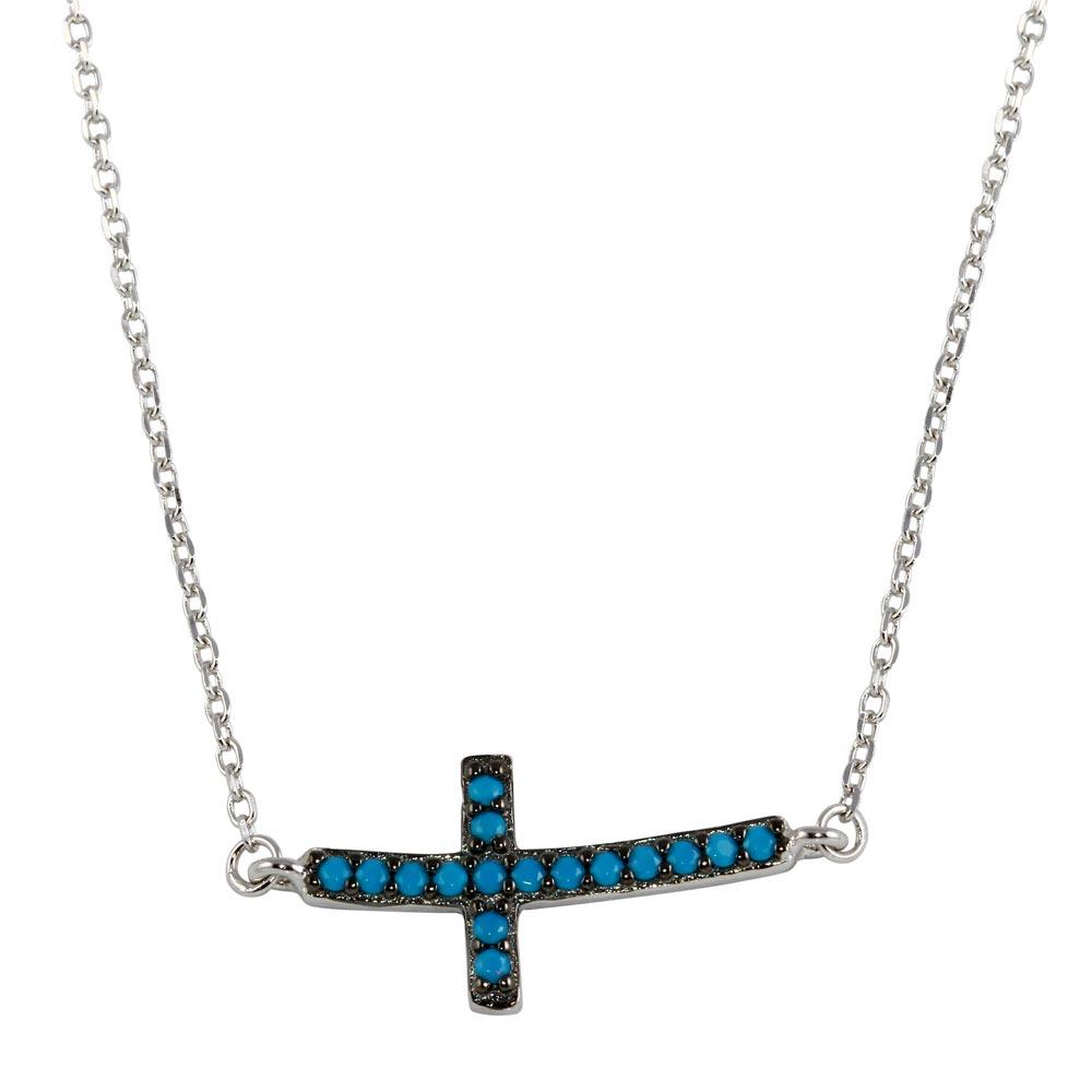 Rhodium Plated 925 Sterling Silver Horizontal Cross Necklace with Blue CZ - BGP01102