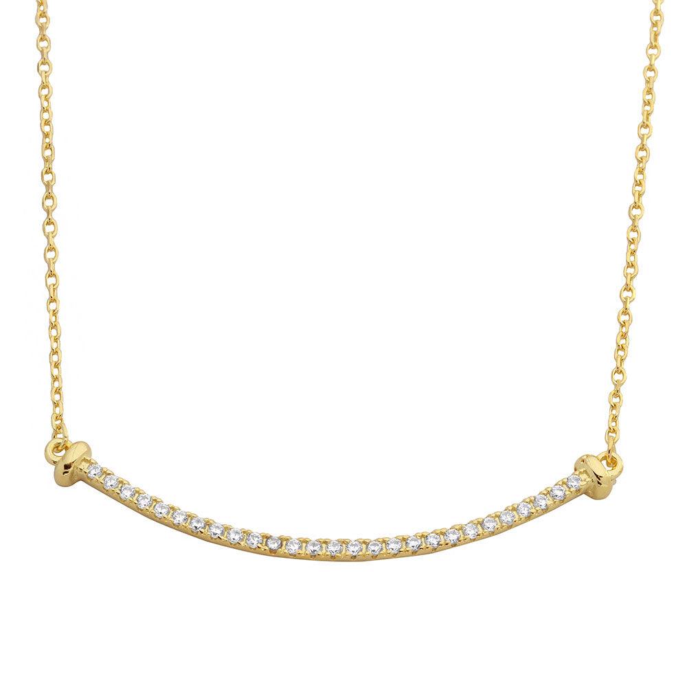 Gold Plated 925 Sterling Silver Curved CZ Bar Necklace - BGP01103GP