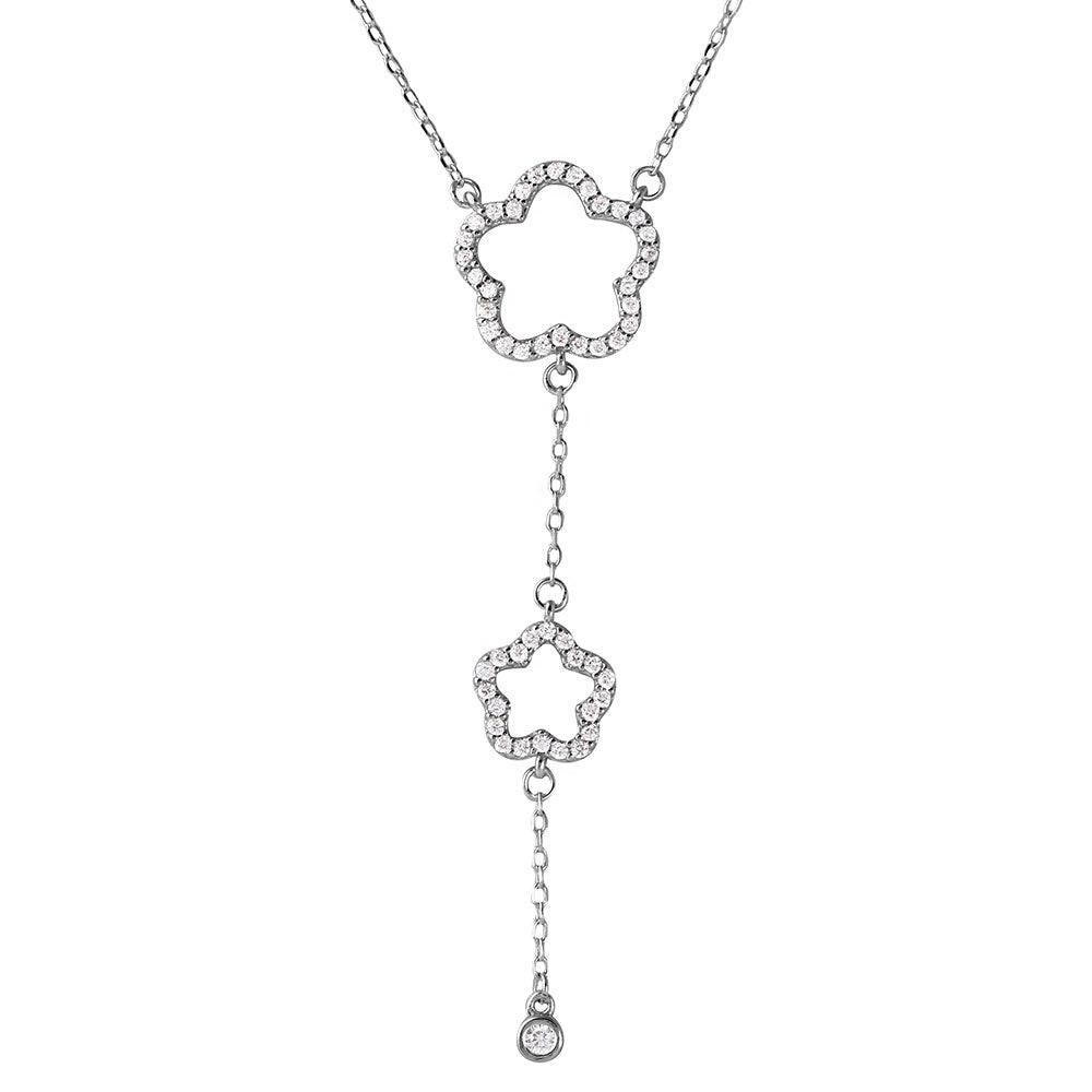 Silver 925 Rhodium Plated Double Open CZ Clover Drop Necklace - BGP01104