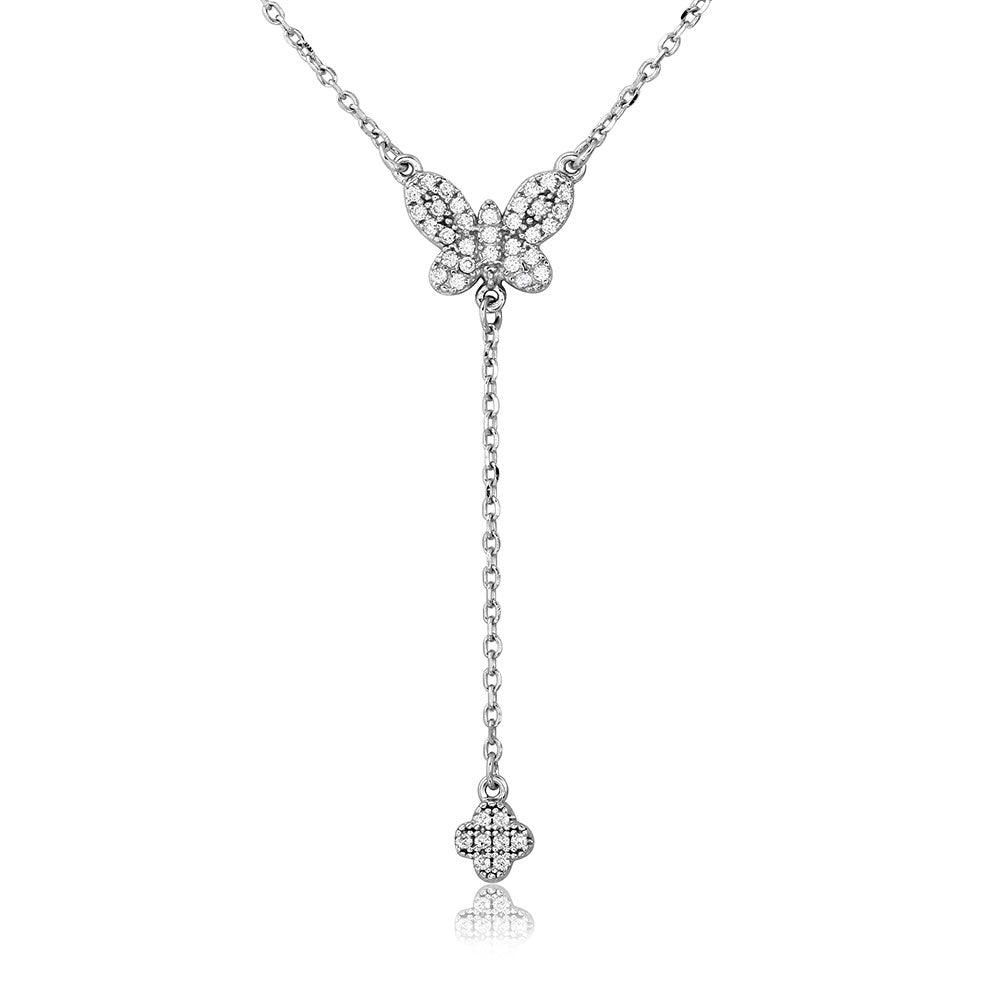 Silver 925 Rhodium Plated CZ Butterfly with Hanging Clover Necklace - BGP01106