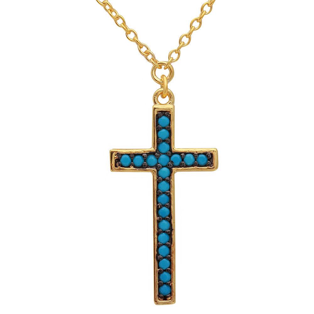 Silver 925 Gold Plated Turquoise Stone Cross Necklace - BGP01109