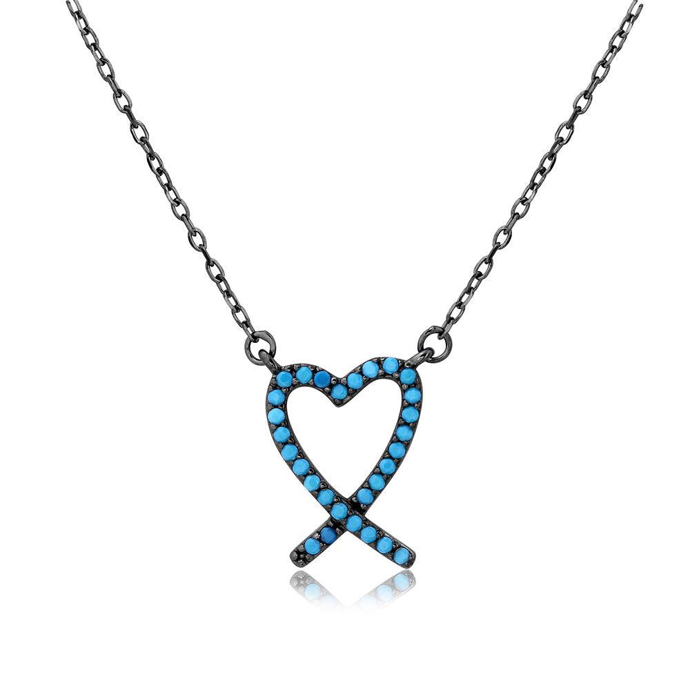 Silver 925 Black Rhodium Open Heart Necklace with Turquoise Stones - BGP01111