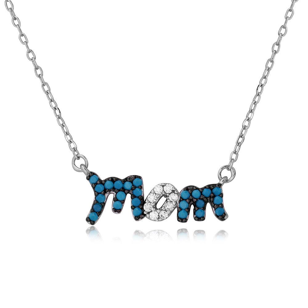 Silver 925 Rhodium Plated Turquoise and CZ Stones Mom Necklace - BGP01112