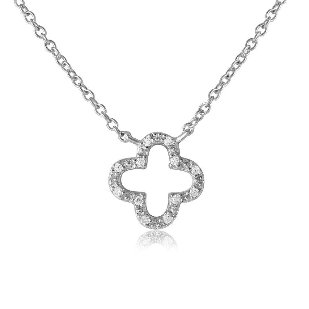 Silver 925 Rhodium Plated Open Clover Leaf CZ Necklace - BGP01117