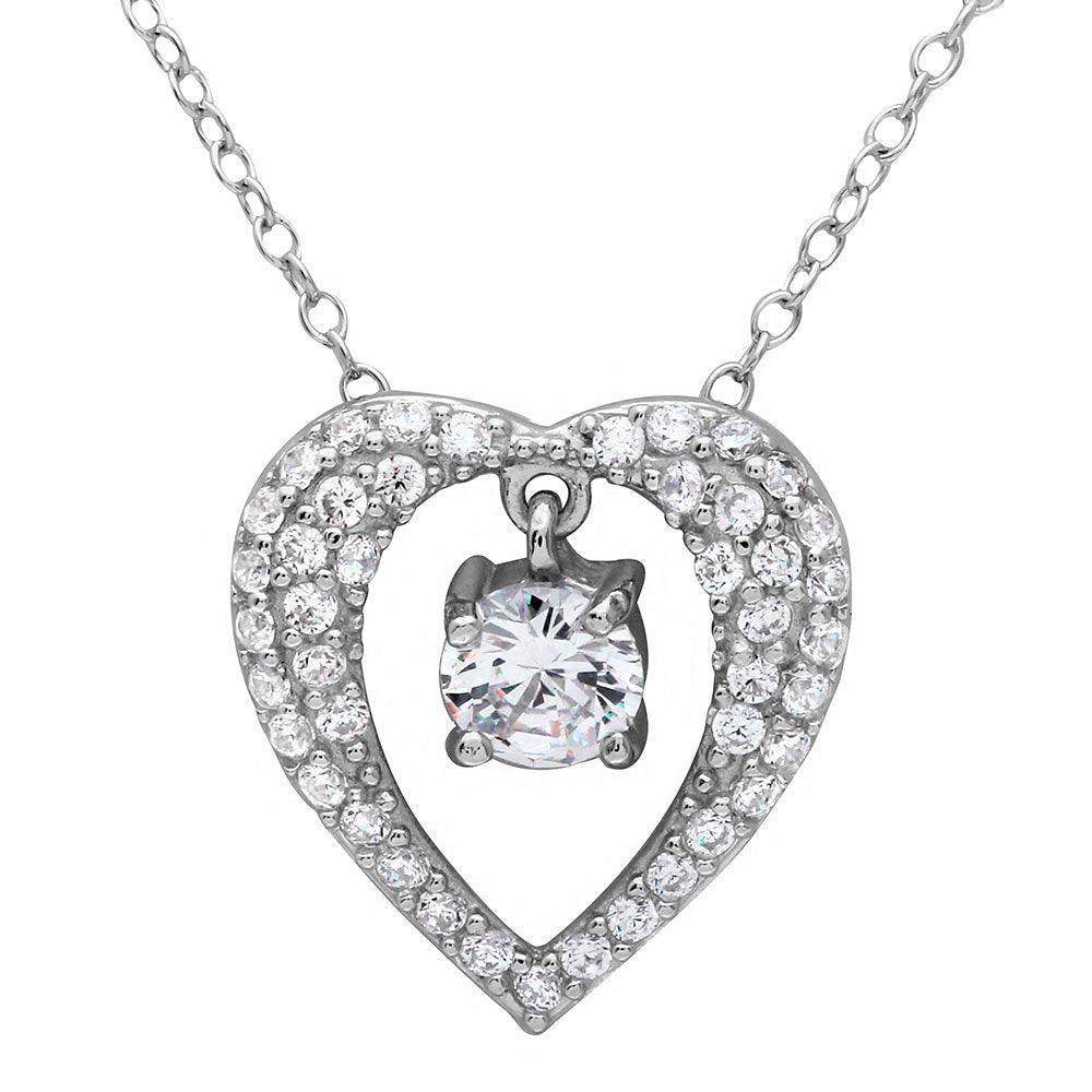 Silver 925 Rhodium Plated Open Heart Necklace with Hanging Stone - BGP01121