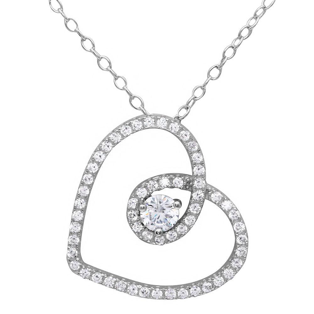 Silver 925 Rhodium Plated CZ Open Script Heart Necklace - BGP01122