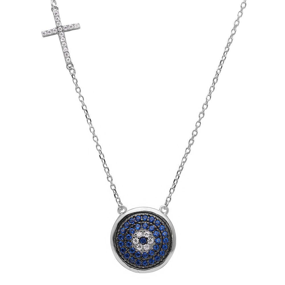 Silver 925 Rhodium Plated Blue CZ Evil Eye with CZ Cross Charm Necklace - BGP01124