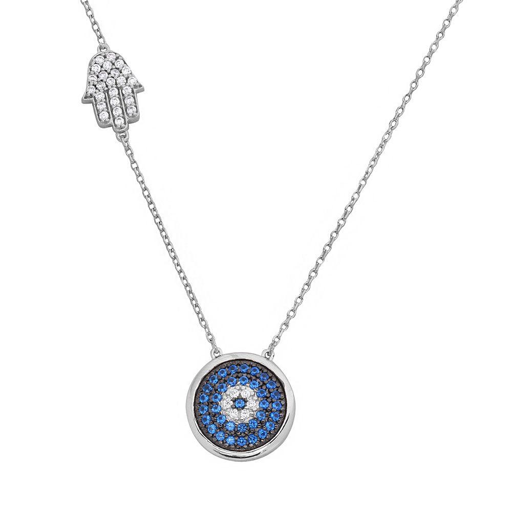 Rhodium Plated 925 Sterling Silver Evil Eye Necklace with CZ Hamsa Hand - BGP01125