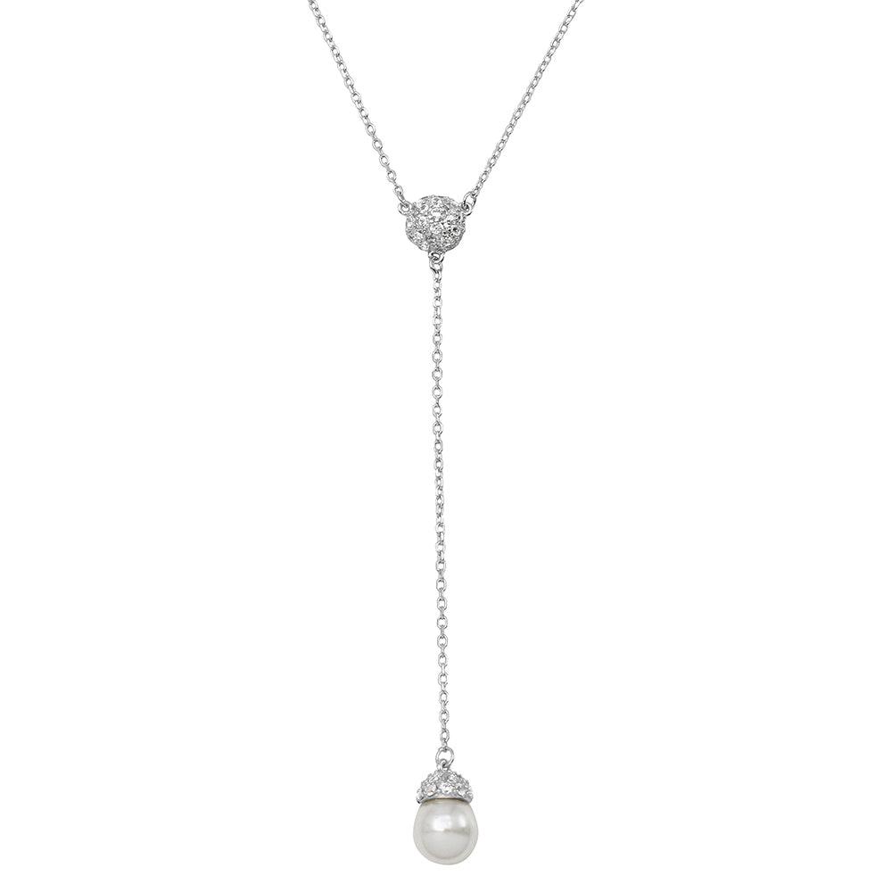 Rhodium Plated 925 Sterling Silver CZ Drop Synthetic Pearl Necklace - BGP01132