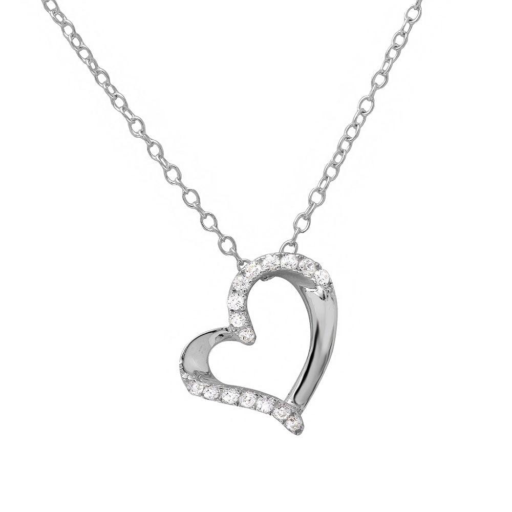 Rhodium Plated 925 Sterling Silver Open Heart CZ Necklace - BGP01133