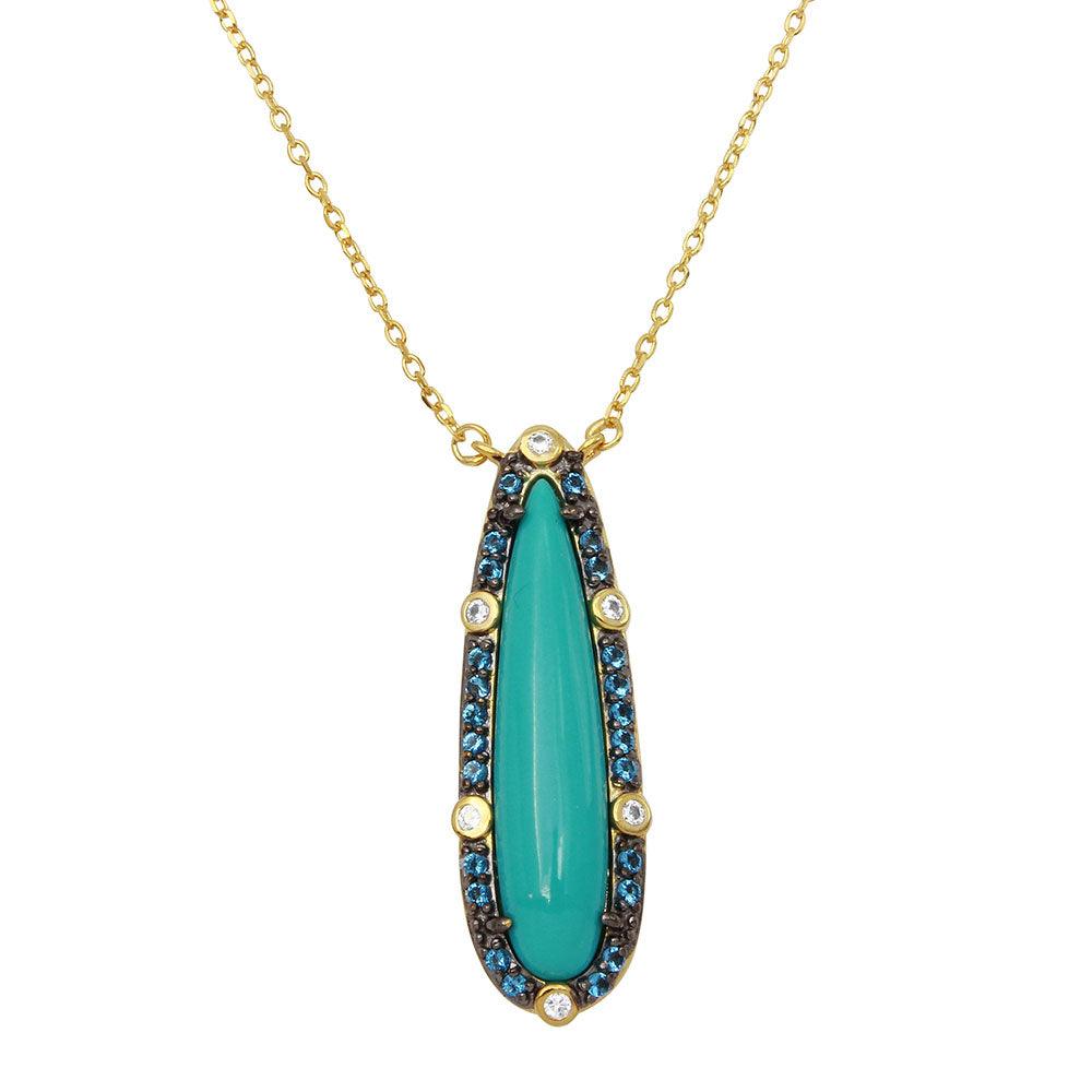 Gold Plated 925 Sterling Silver Tear Drop Turquoise Center Stone Necklace with CZ - BGP01140