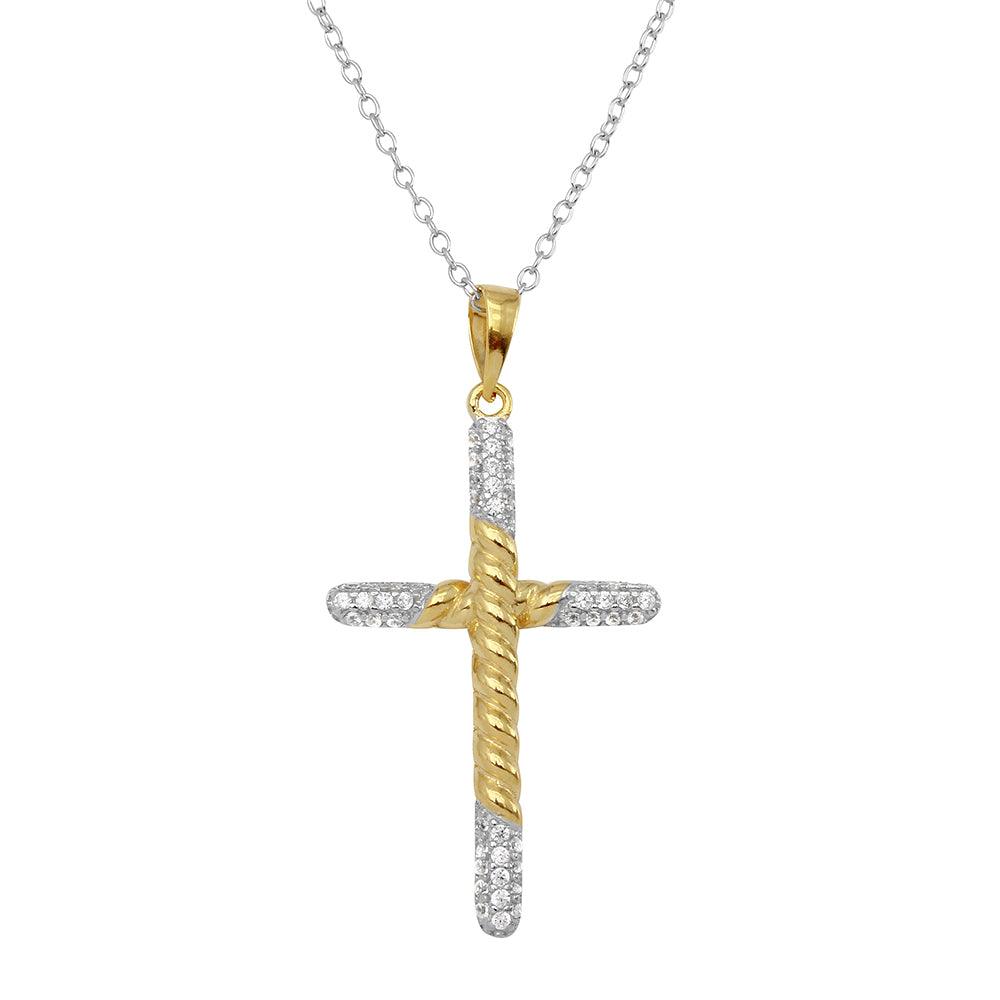 Two-Tone 925 Sterling Silver Rope Cross Necklace with CZ Stones - BGP01143