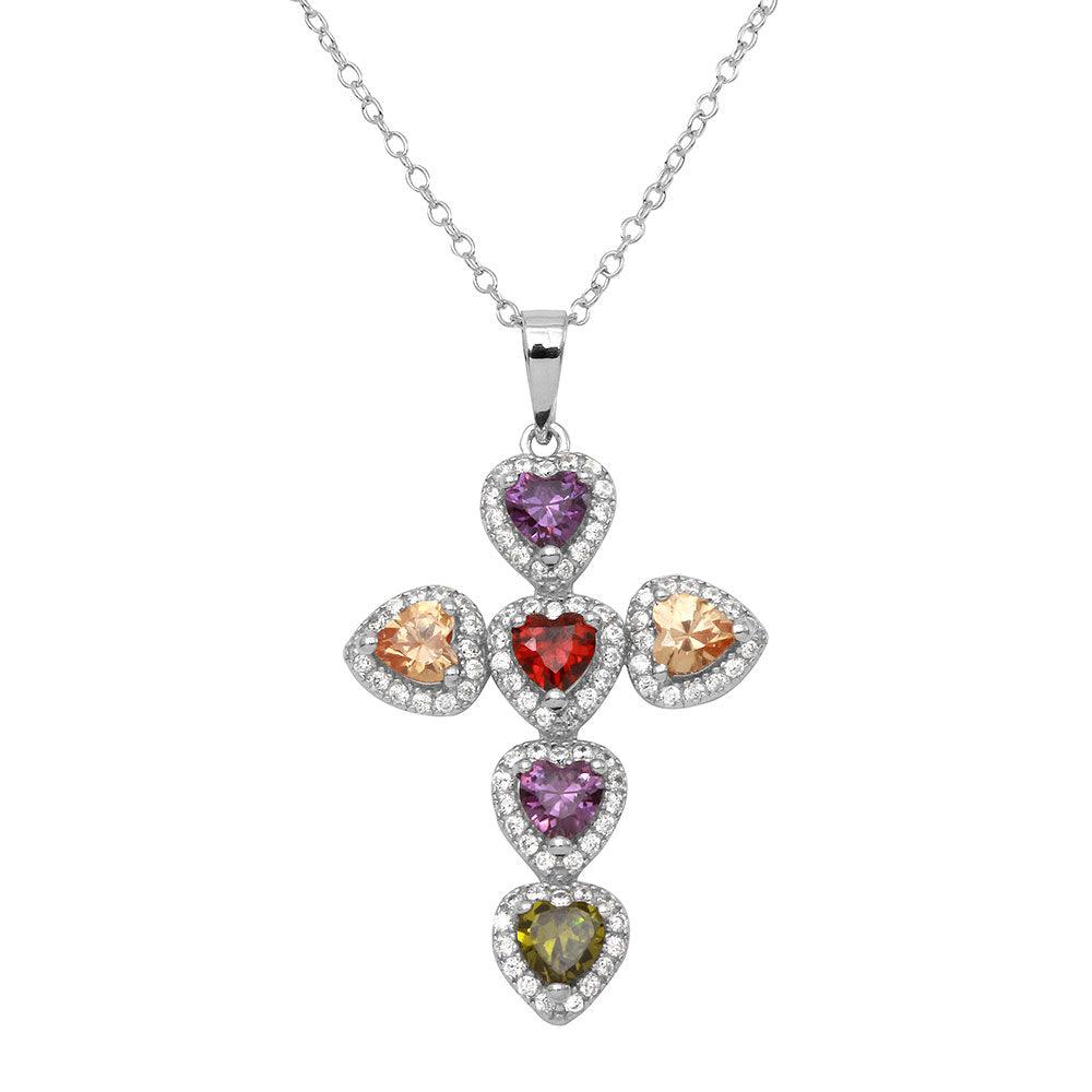 Rhodium Plated 925 Sterling Silver Multi CZ Heart Cross Necklace - BGP01144