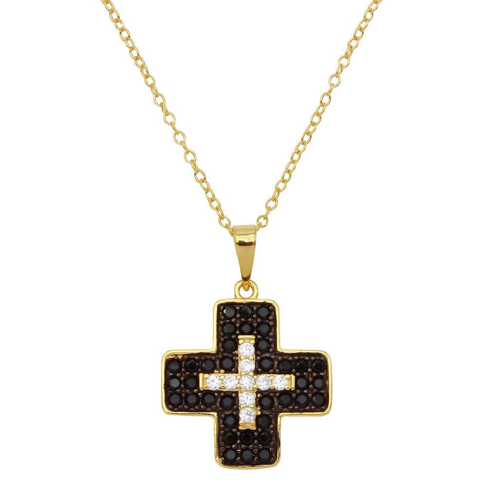 Gold Plated 925 Sterling Silver Black and Clear CZ Cross Necklace - BGP01146