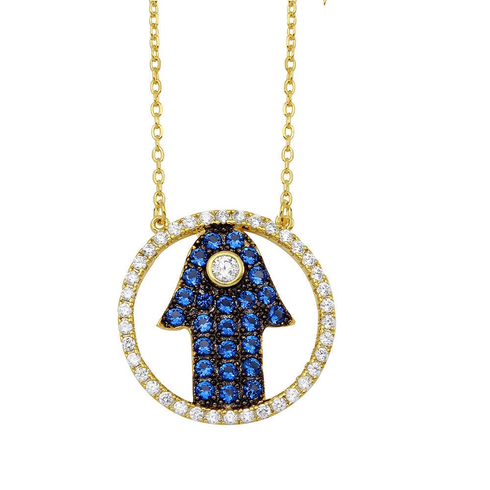 Gold Plated 925 Sterling Silver Open Circle with Blue CZ Hamsa Hand Necklace - BGP01149