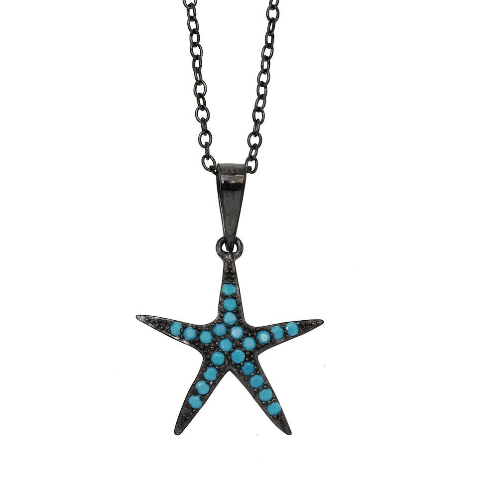 Black Rhodium Plated 925 Sterling Silver Starfish Turquoise Stone Necklace - BGP01151