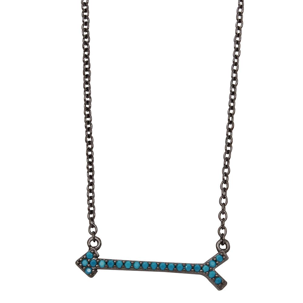 Black Rhodium Plated 925 Sterling Silver Arrow Necklace with Turquoise Stones - BGP01157BKP