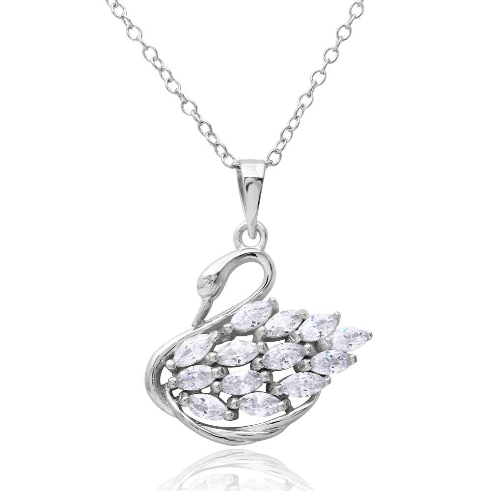 Rhodium Plated 925 Sterling Silver CZ Swan Necklace - BGP01166