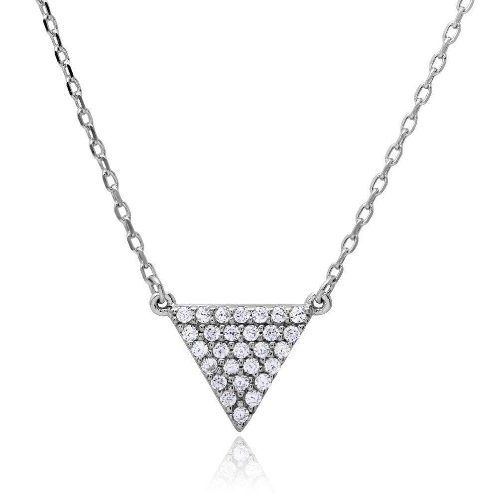 Rhodium Plated 925 Sterling Silver CZ Encrusted Triangle Shape Necklace - BGP01169