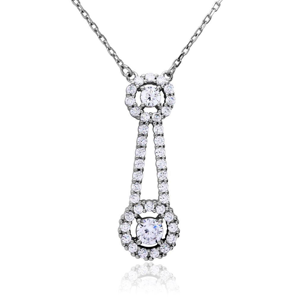 Rhodium Plated 925 Sterling Silver Double Halo Drop CZ Necklace - BGP01170