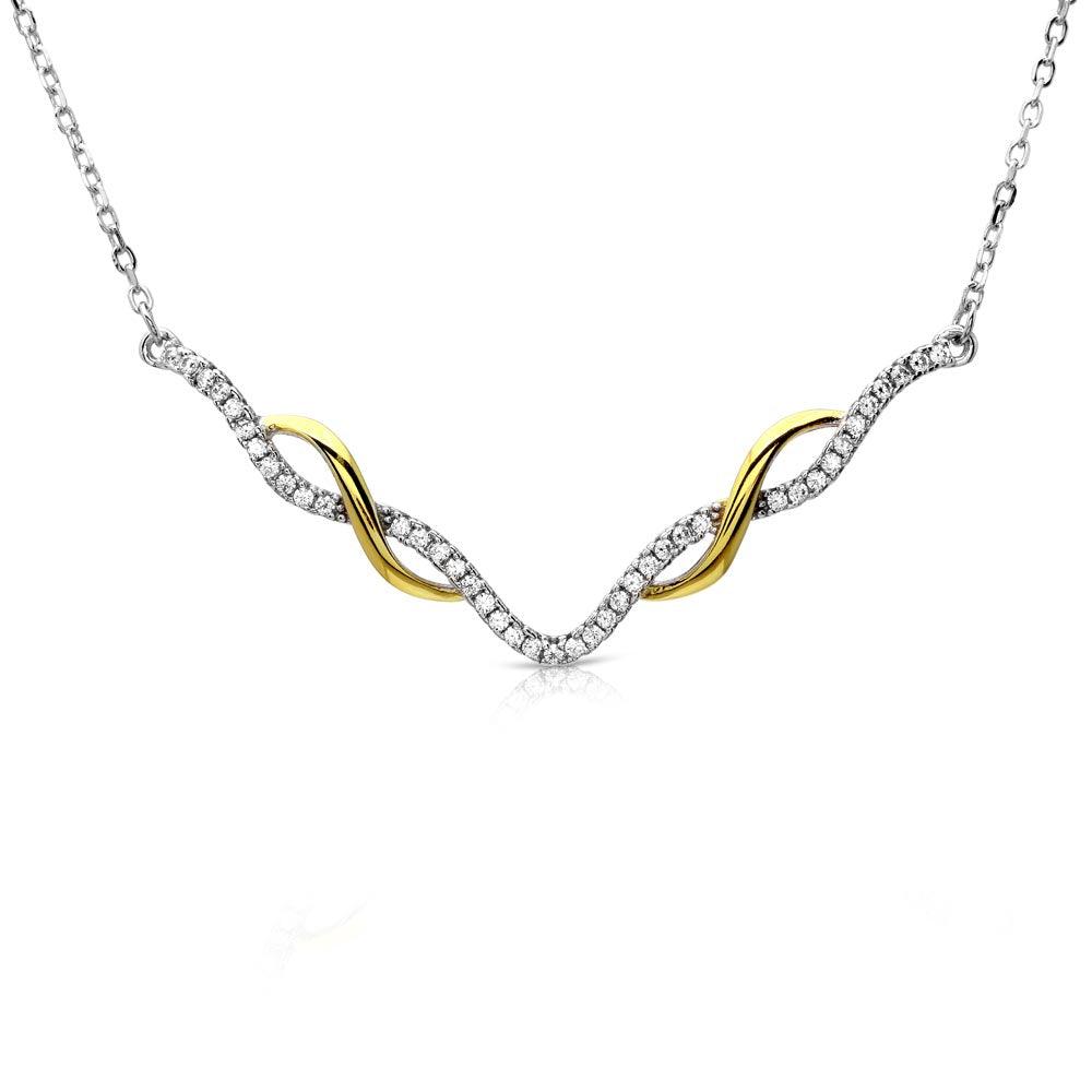 Gold and Rhodium Plated 925 Sterling Silver  Interlinked V-Shape Necklace with CZ - BGP01172