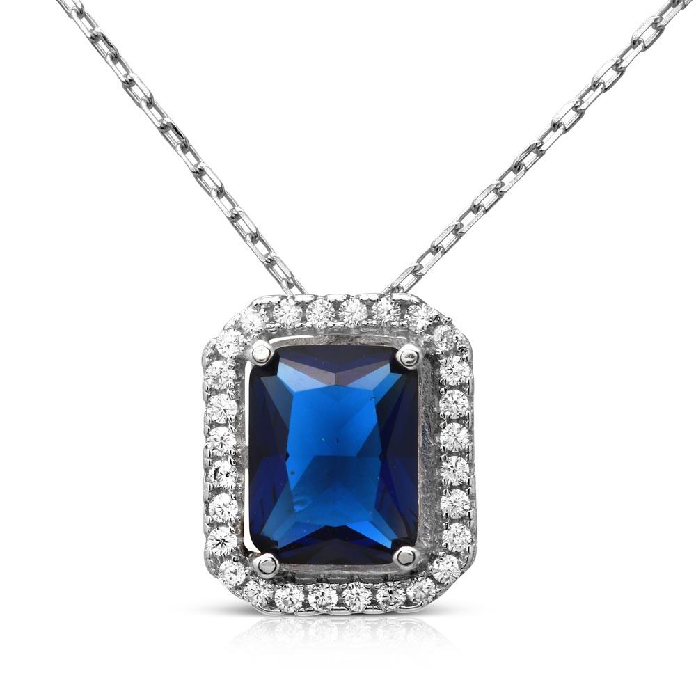 Rhodium Plated 925 Sterling Silver Blue Square Halo Pendant - BGP01174BLU