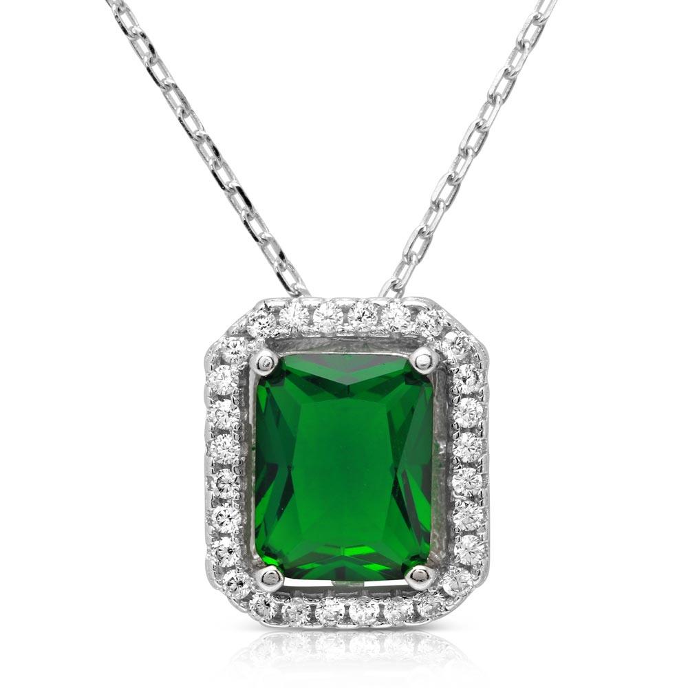 Rhodium Plated 925 Sterling Silver Green Square Halo Pendant - BGP01174GRN