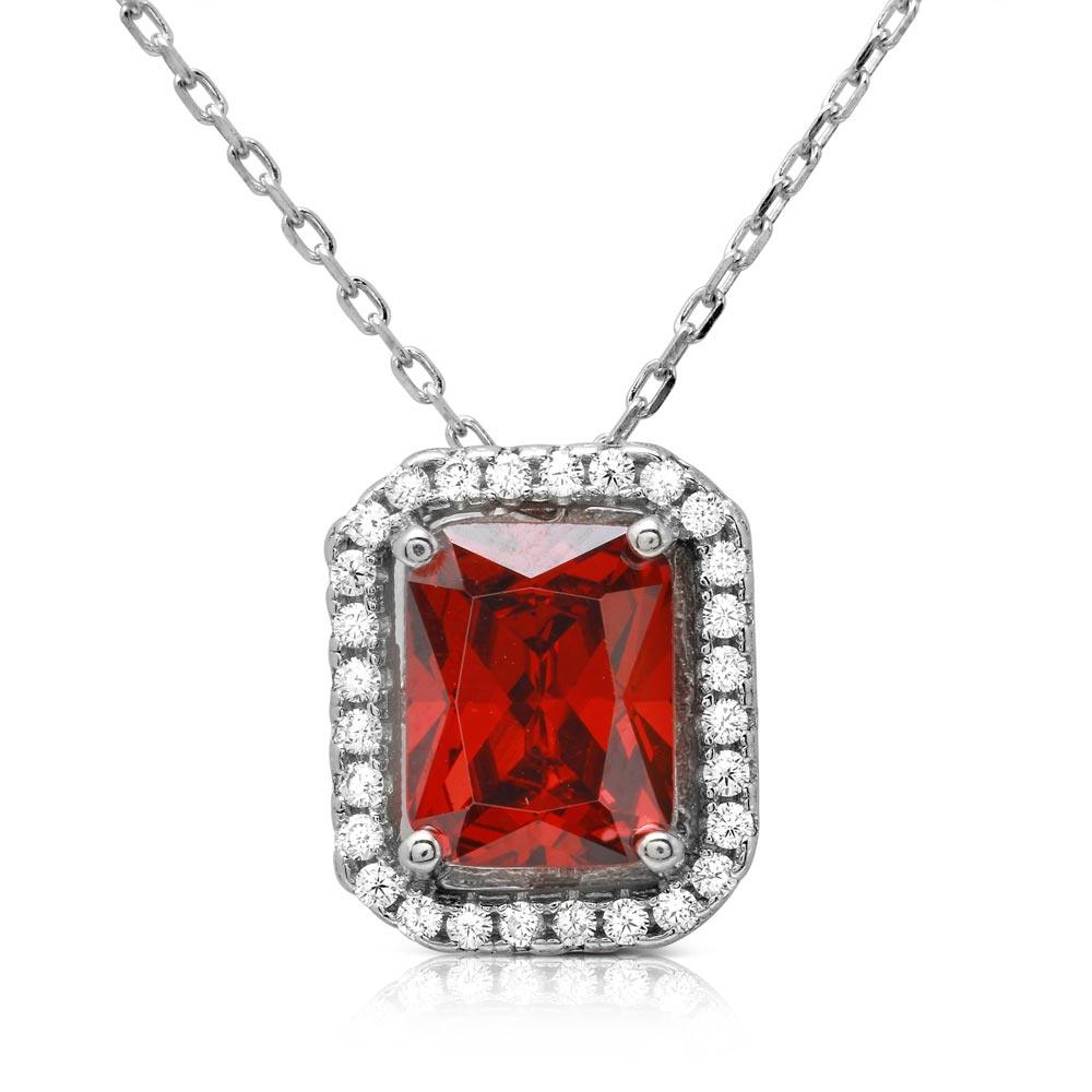 Rhodium Plated 925 Sterling Silver Red Square Halo Pendant - BGP01174RED