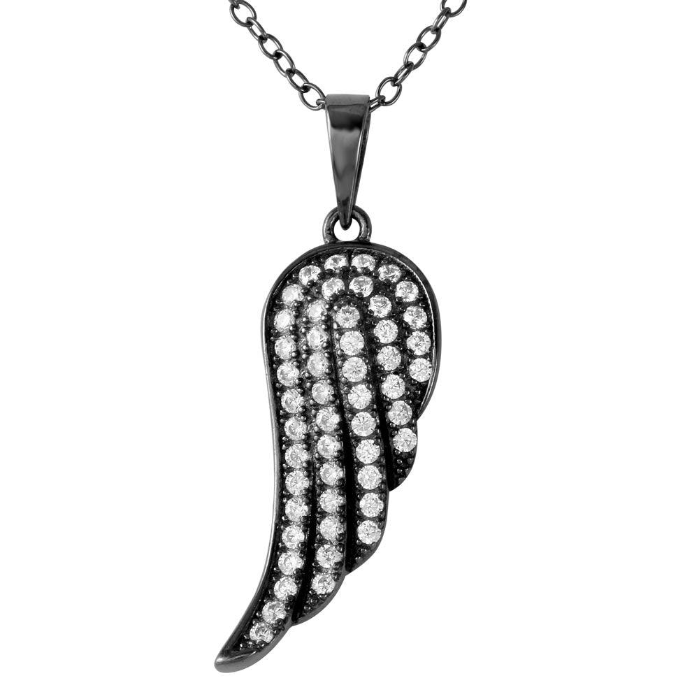 Black Rhodium Plated 925 Sterling Silver Wing Pendant with CZ - BGP01187