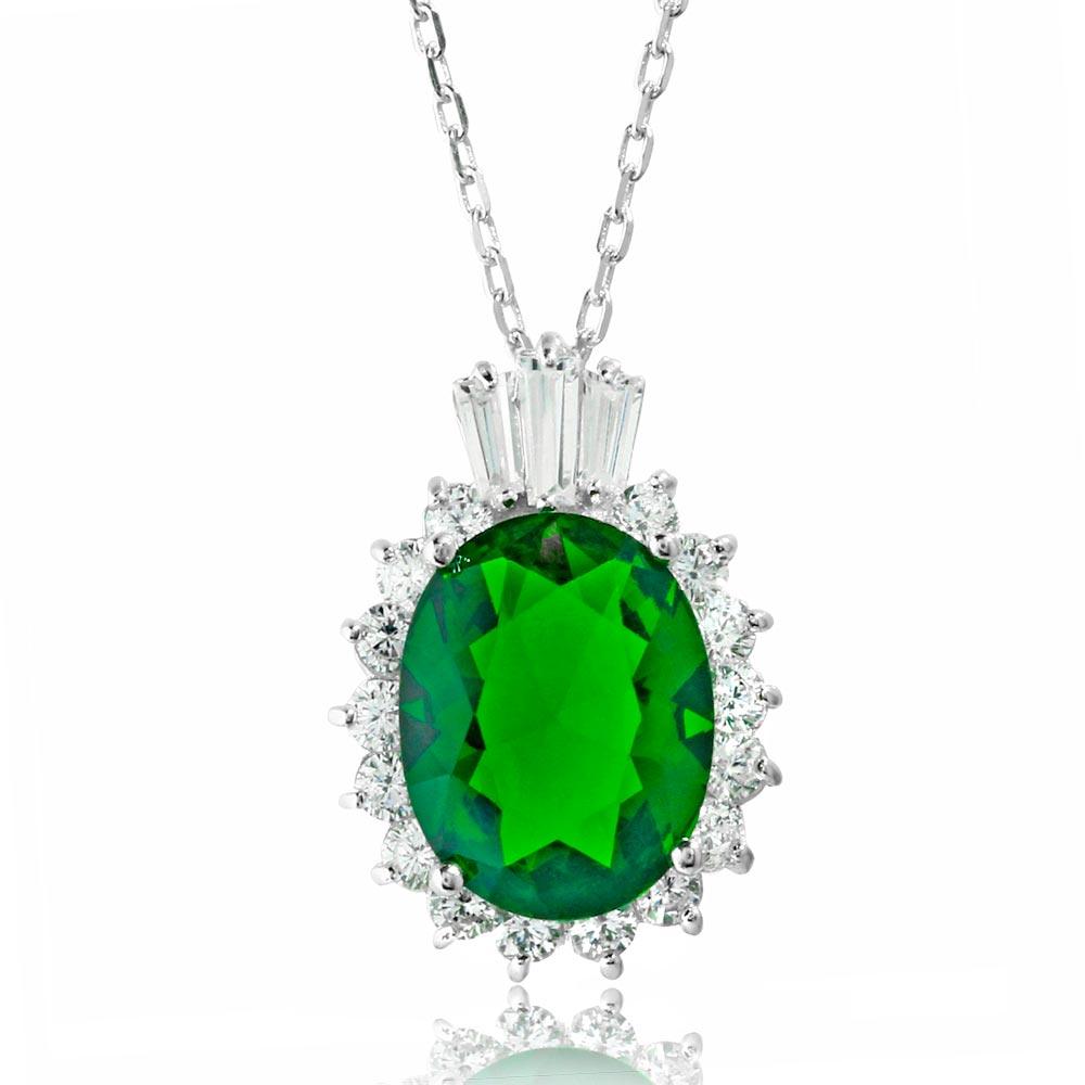 Rhodium Plated 925 Sterling Silver Oval Pave with Green Baguette Crown CZ - BGP01188GRN