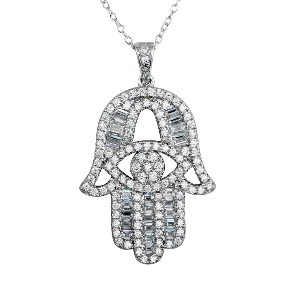 Rhodium Plated 925 Sterling Silver CZ Encrusted Hamsa Hand Necklace - BGP01191