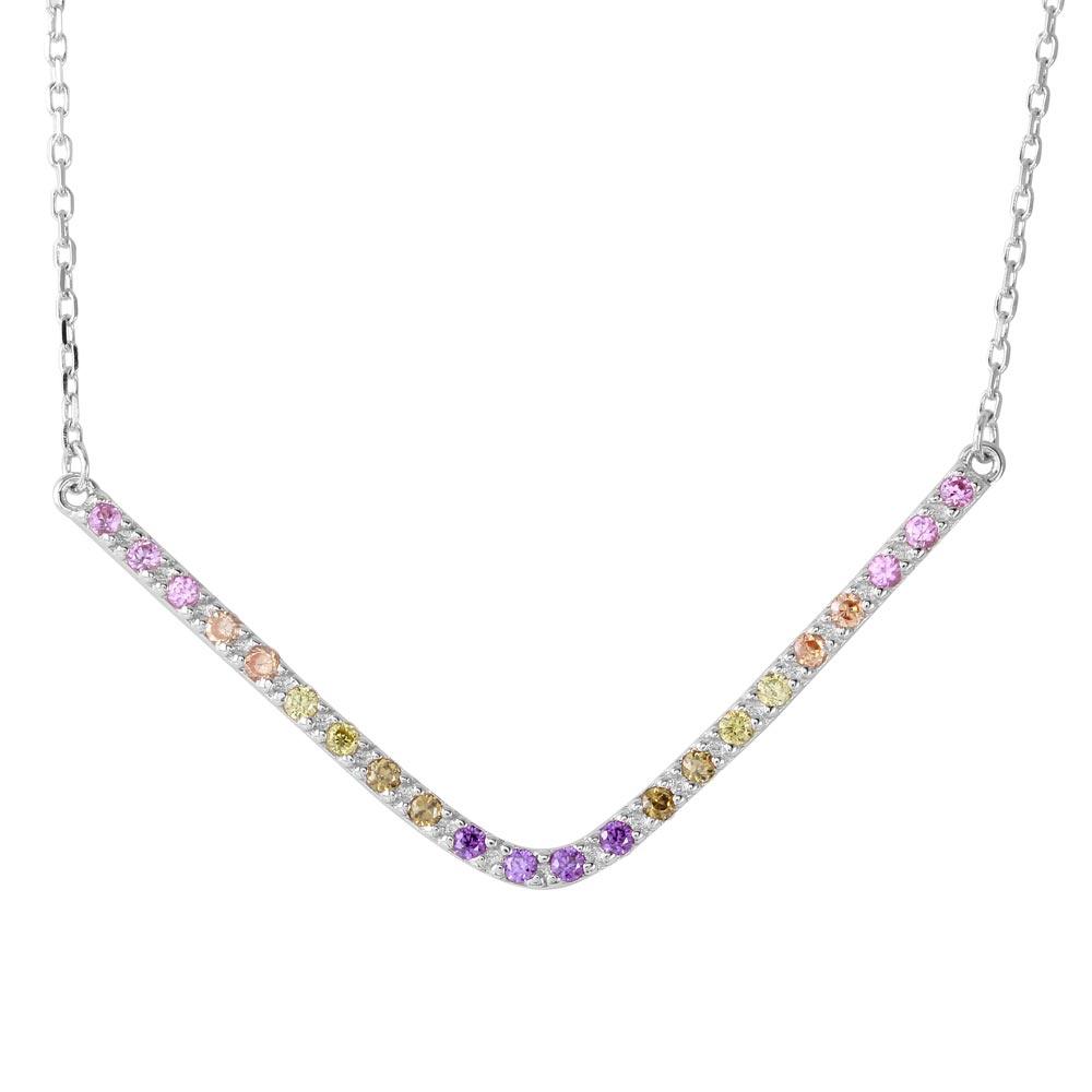 Rhodium Plated 925 Sterling Silver V Shaped Rainbow Multi Color CZ Necklace - BGP01194